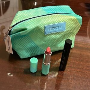 Clinique lipstick, mascara & makeup bag